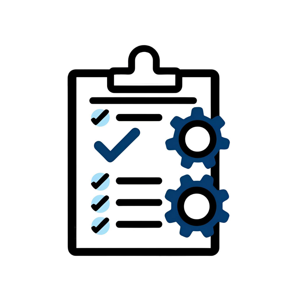 Flat icon of a quality checklist on a clipboard with lab gears, representing supplement manufacturing standards and testing.