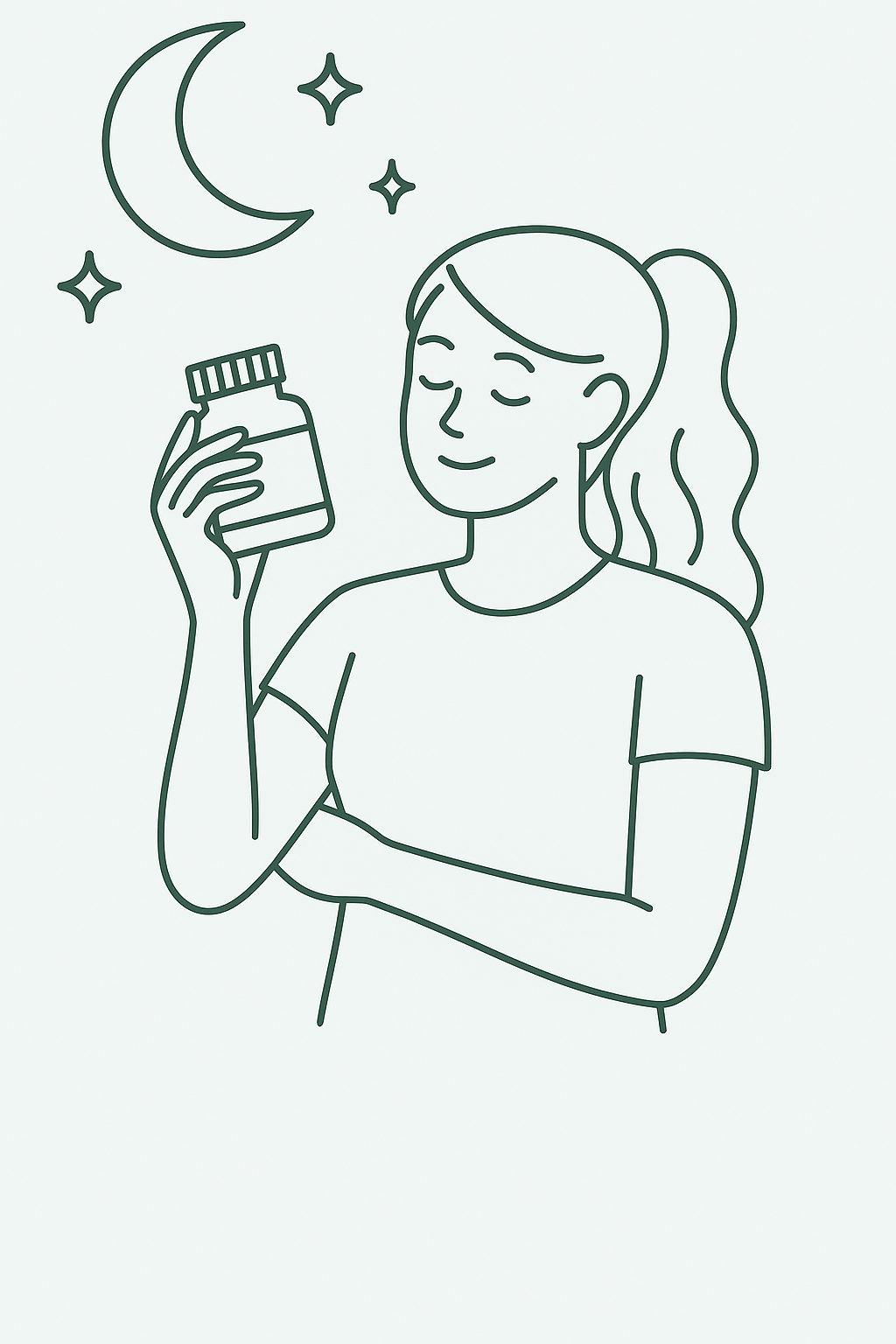 Illustration of woman holding supplement bottle under moon and stars – stimulant-free sleep aid concept