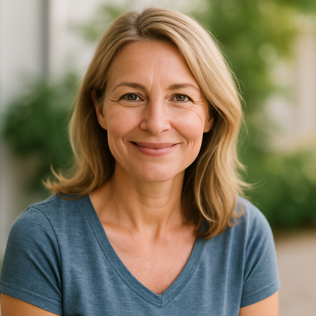 Confident middle-aged woman smiling outdoors in natural light, representing wellness and supplement support for women over 40