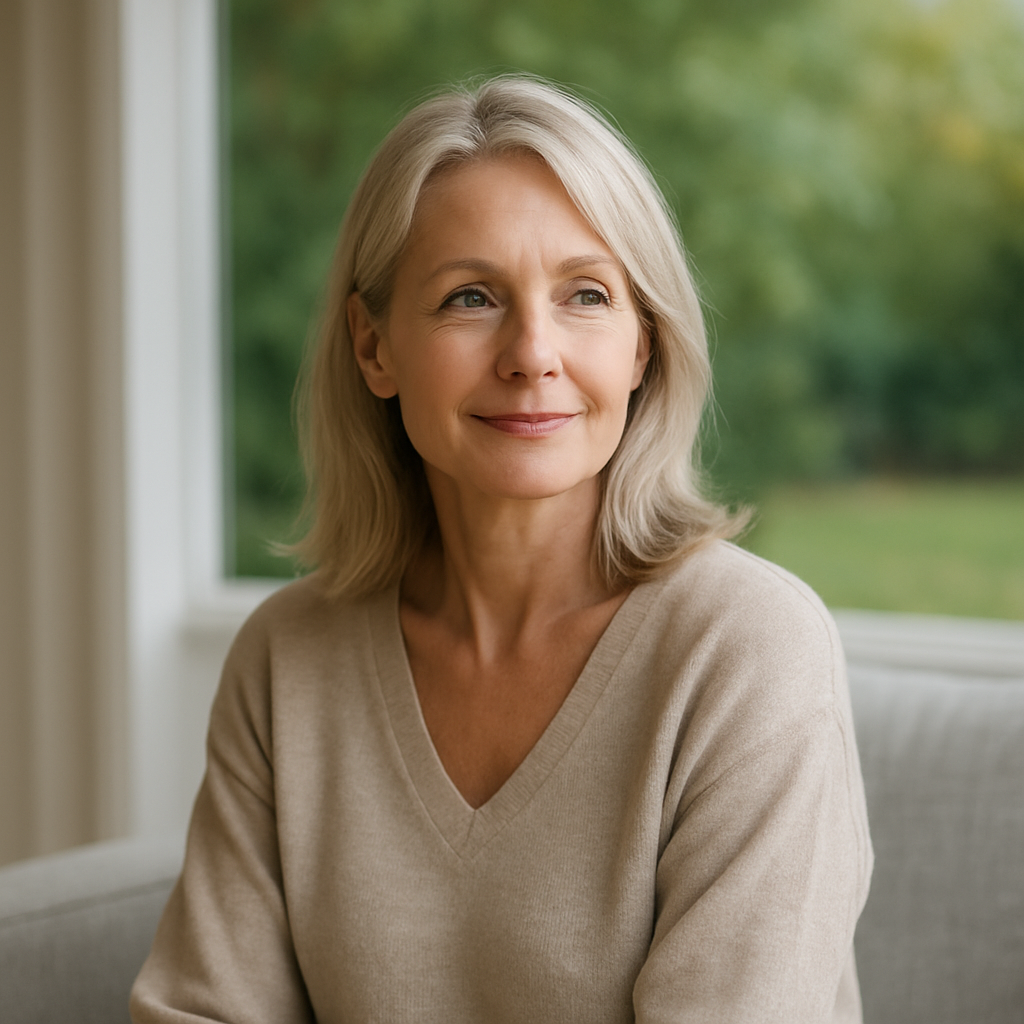 Calm middle-aged woman with blonde hair sitting indoors near a window, representing balance and wellness during perimenopause