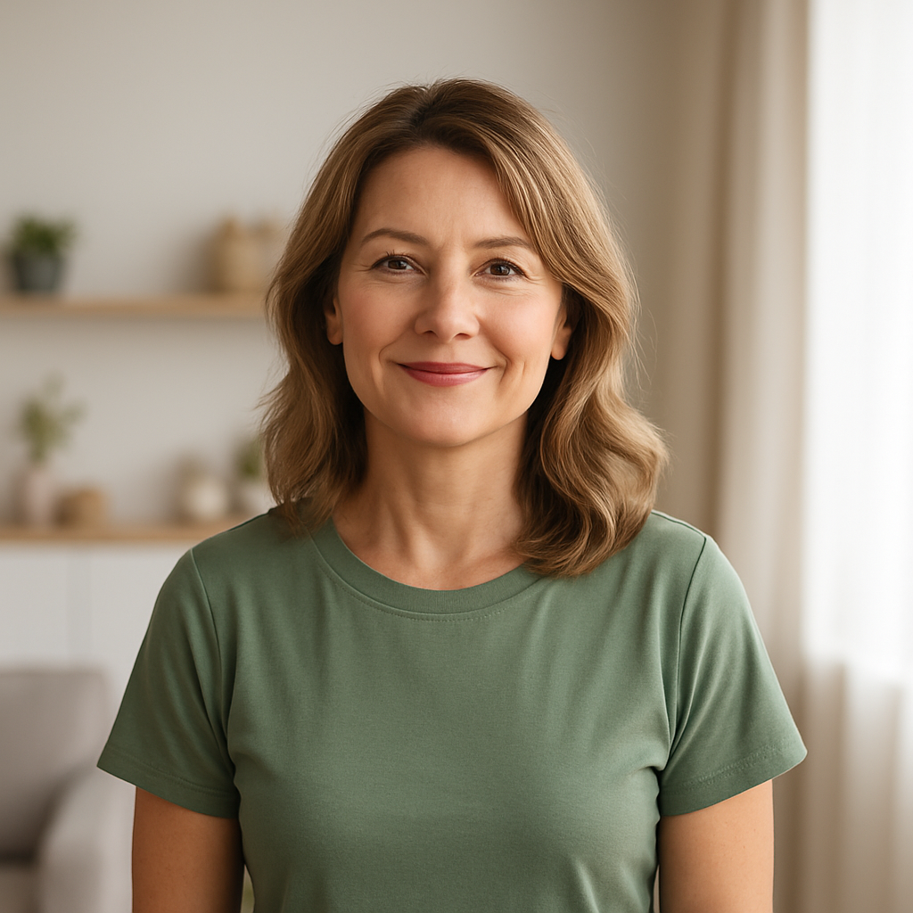 Smiling middle-aged woman in a green T-shirt standing in a bright home, representing hormonal balance and emotional wellness