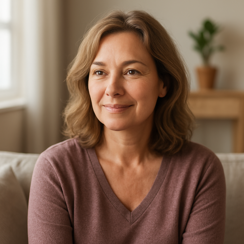 Middle-aged woman sitting peacefully in a soft-lit room, representing emotional balance, reduced stress, and natural mood support