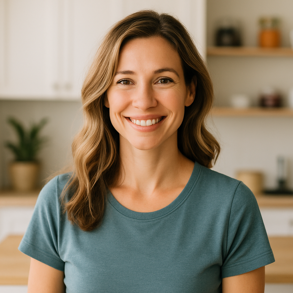 Smiling woman in her 40s standing in a bright home, representing energy, focus, and the benefits of vitamin B supplements for women