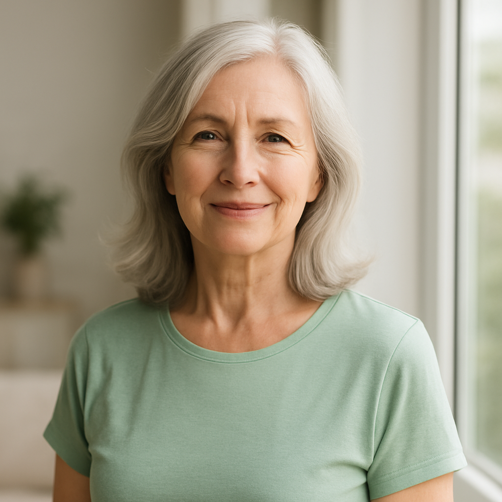 Smiling woman in her 60s standing in natural daylight, representing bone strength, immunity, and wellness supported by vitamin D supplements