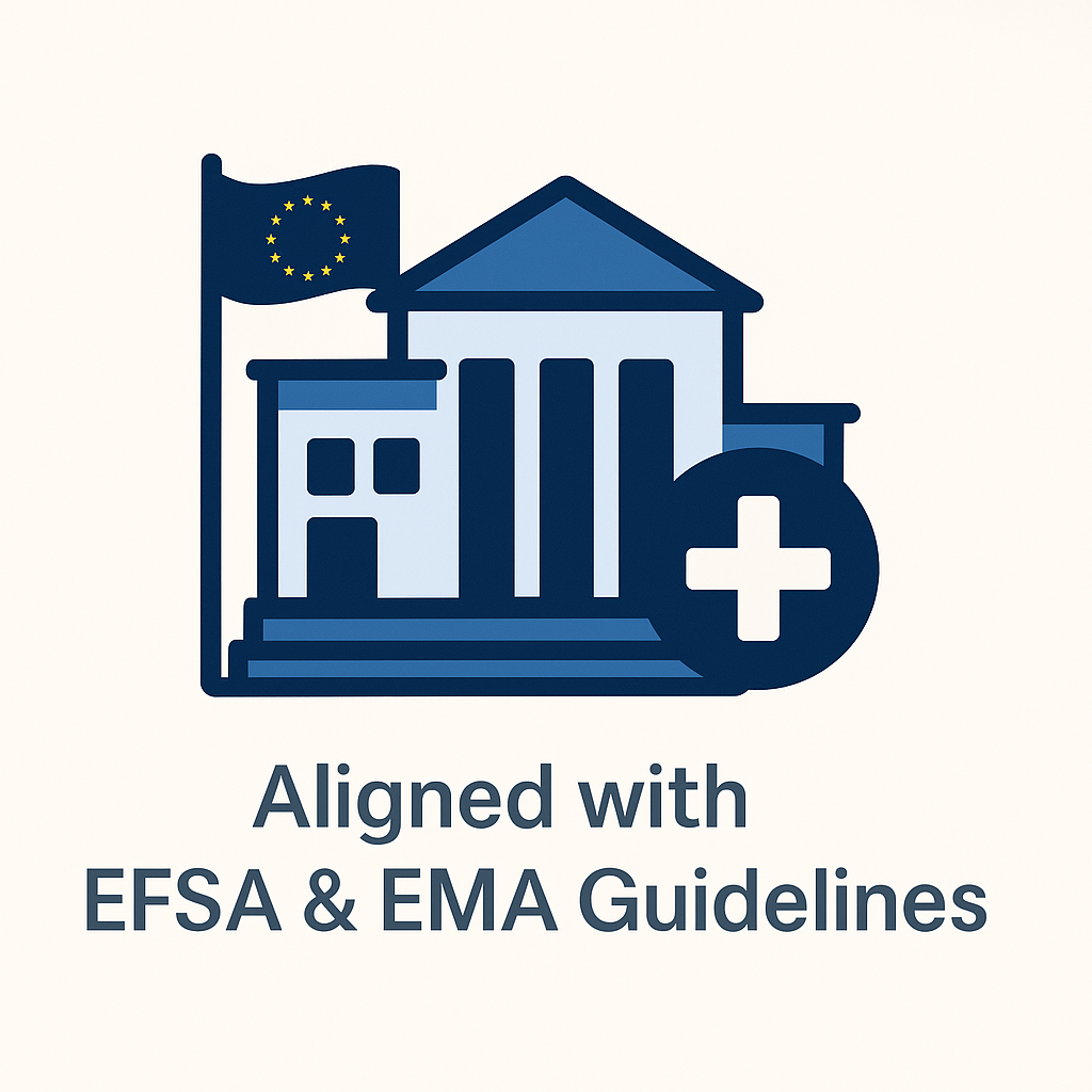 Shield with EU health building and cross symbol, labeled "Aligned with EFSA and EMA Guidelines"