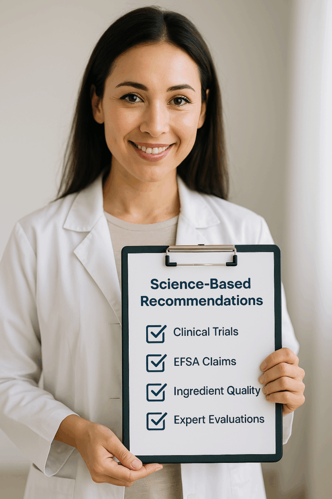 Female health expert in lab coat holding a clipboard with science-based supplement evaluation checklist
