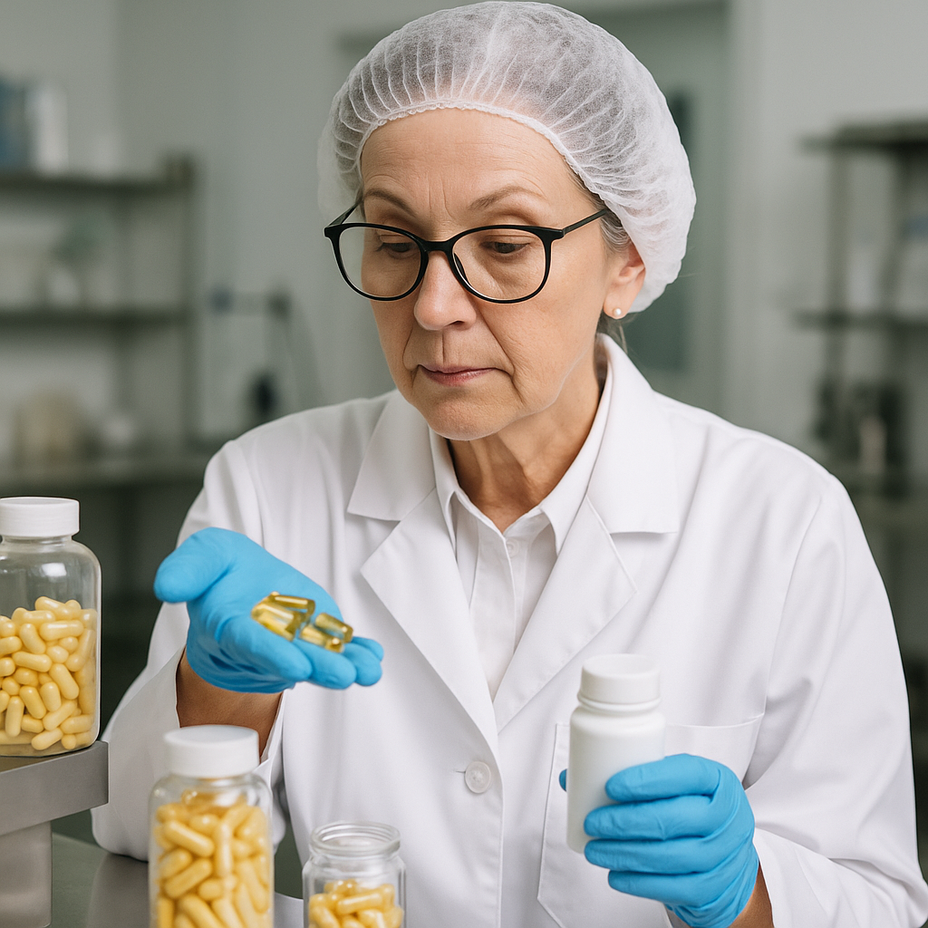 Middle-aged female supplement inspector examining capsules in a lab, wearing gloves, lab coat, and hairnet