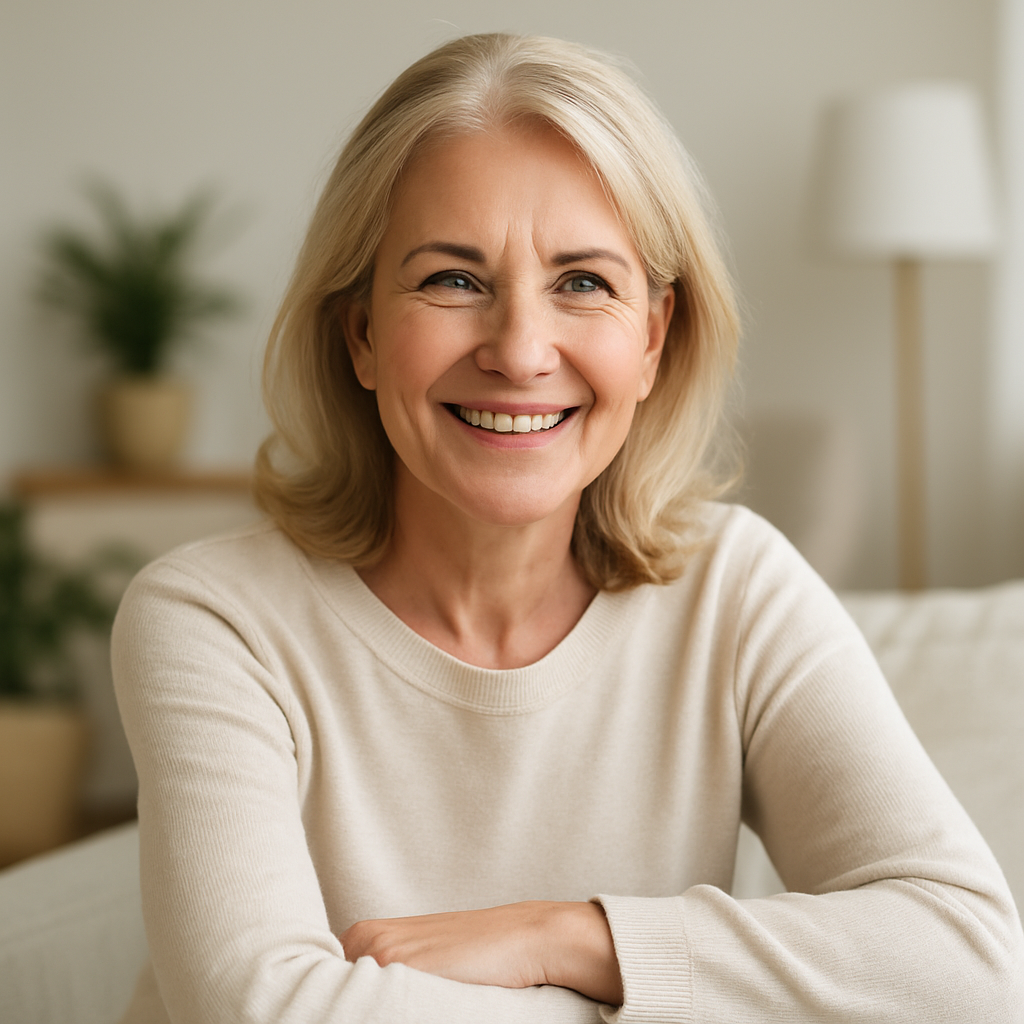 Smiling middle-aged European woman in a bright living room, representing positive supplement results and user trust