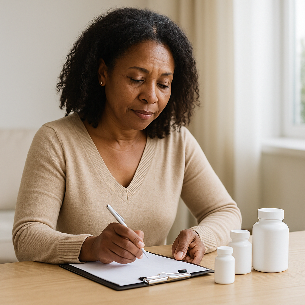 Independent Black woman in her 50s reviewing supplement bottles and taking notes at a table in a bright home setting