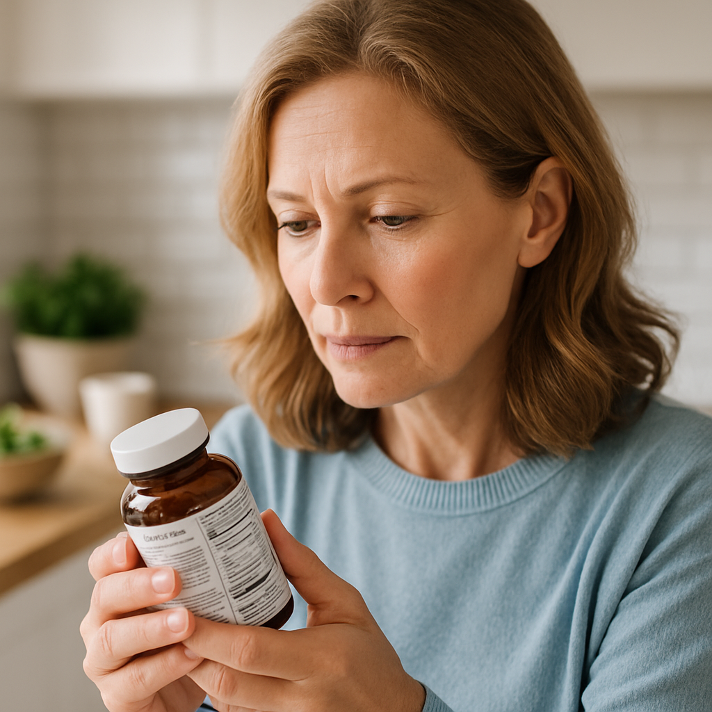 Middle-aged woman examining a supplement bottle label carefully in a bright kitchen, representing transparency and ingredient awareness