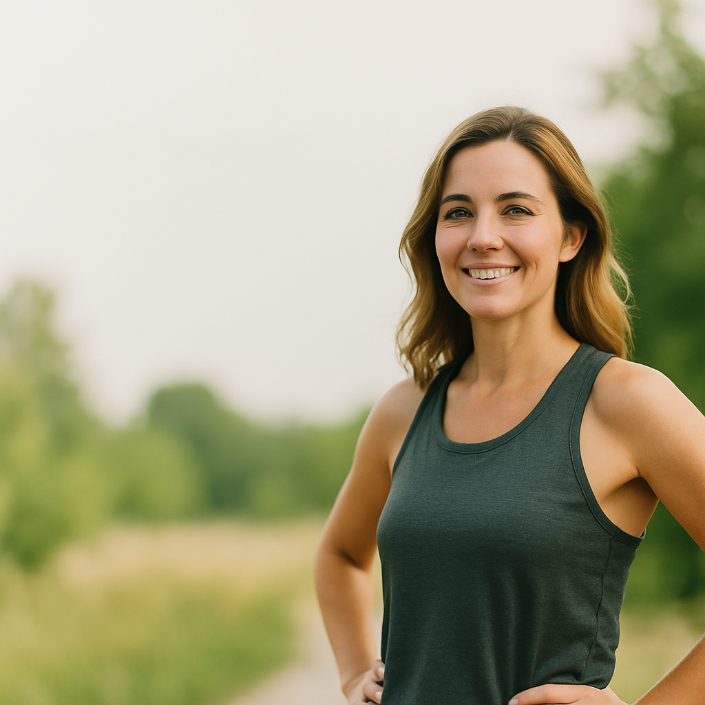 Fit, smiling woman in her 30s standing outdoors in athletic wear, representing natural fat burning and healthy metabolism