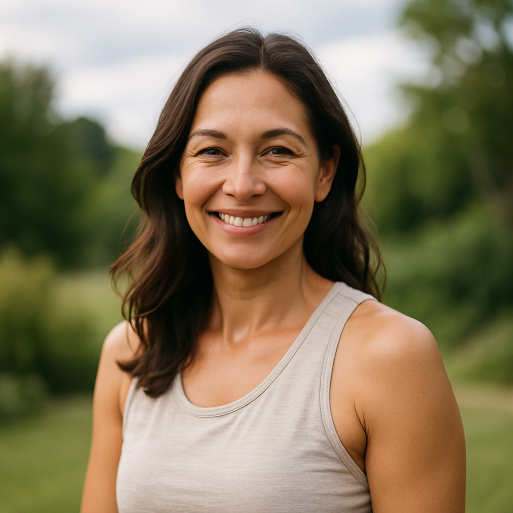 Smiling woman in her 40s standing outdoors in soft natural light, representing stimulant-free fat burner wellness