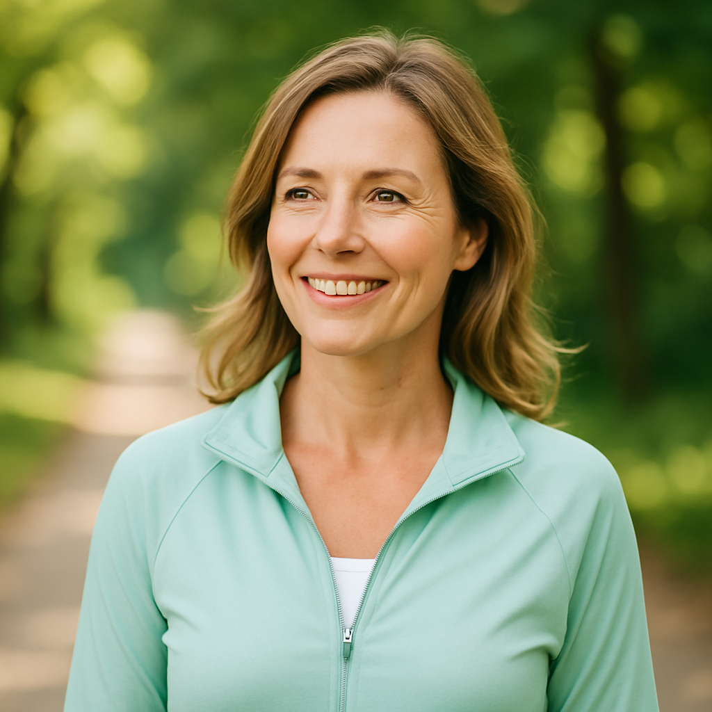 Smiling woman in her 40s wearing a mint-green jacket, standing outdoors on a sunny path, representing natural energy and vitality
