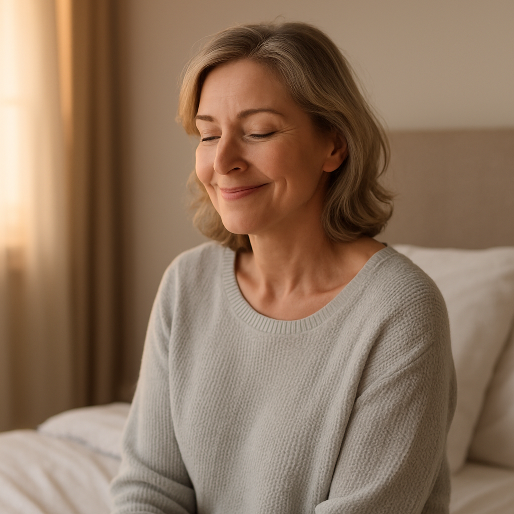 Peaceful middle-aged woman sitting on a bed in soft evening light, representing natural sleep support and nighttime calm