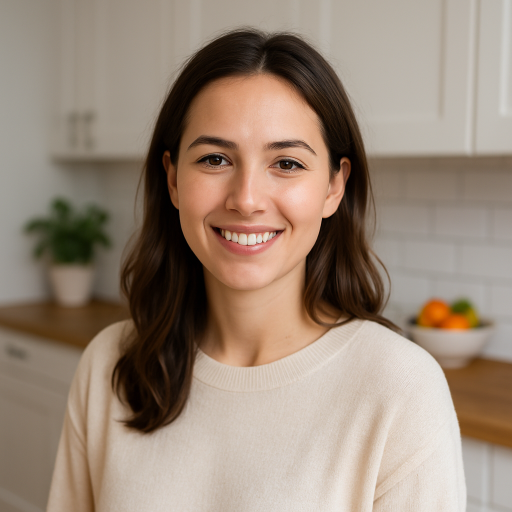 Smiling young woman in a modern kitchen, representing healthy appetite control and natural supplement support