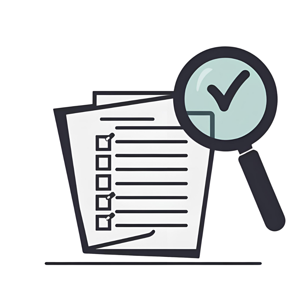 Flat icon of a checklist and magnifying glass, representing supplement label transparency